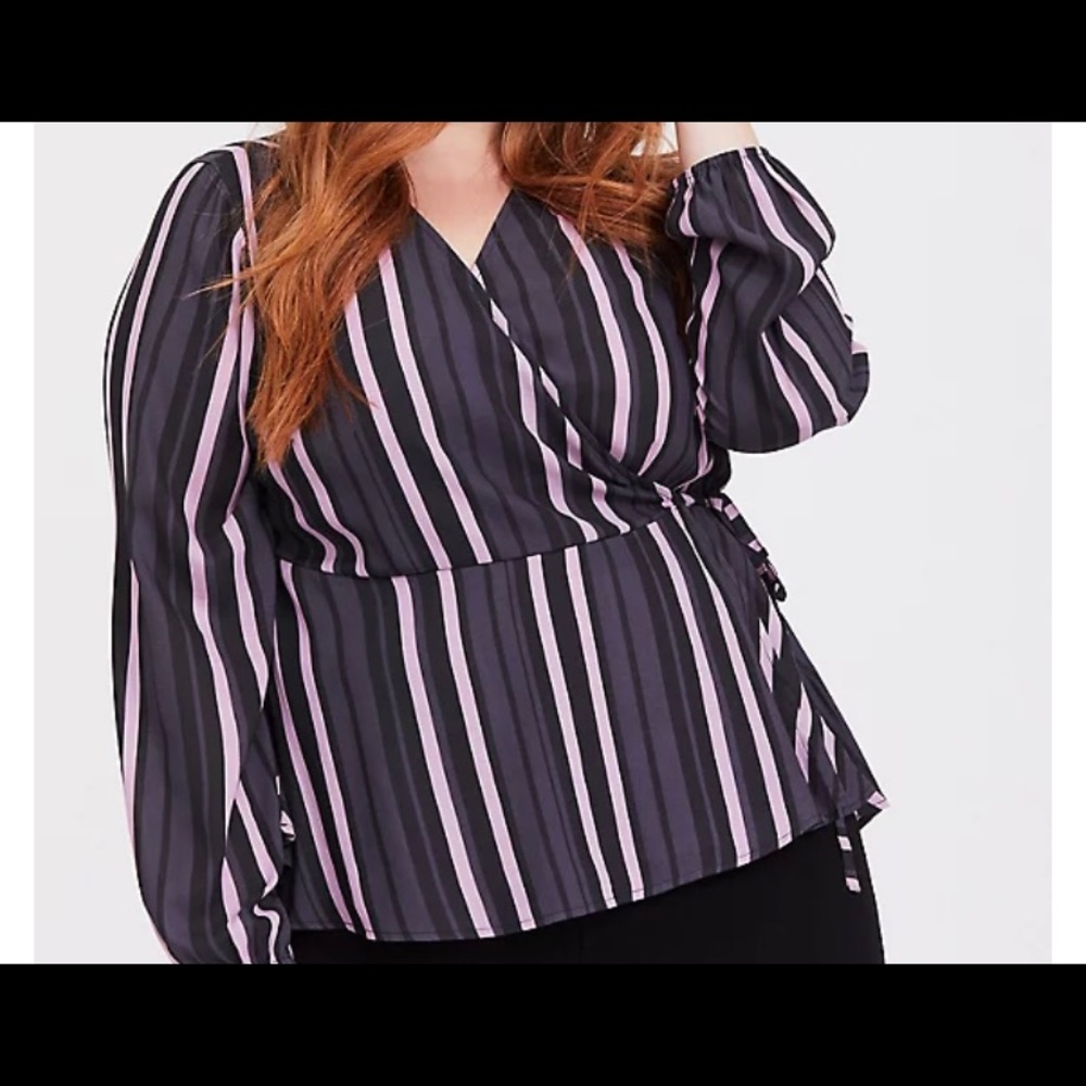 TORRID PURPLE MULTI STRIPE CREPE CROP WRAP BLOUSE 1X